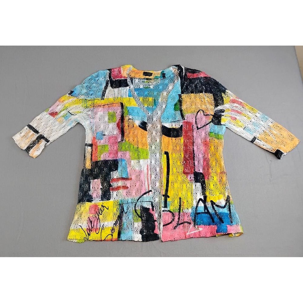 Impulse California Women XL Abstract Crochet Knit Funky Cardigan Color Glam Art - Picture 1 of 8